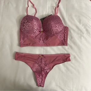 Violet long line mesh bra and lace thong two piece set